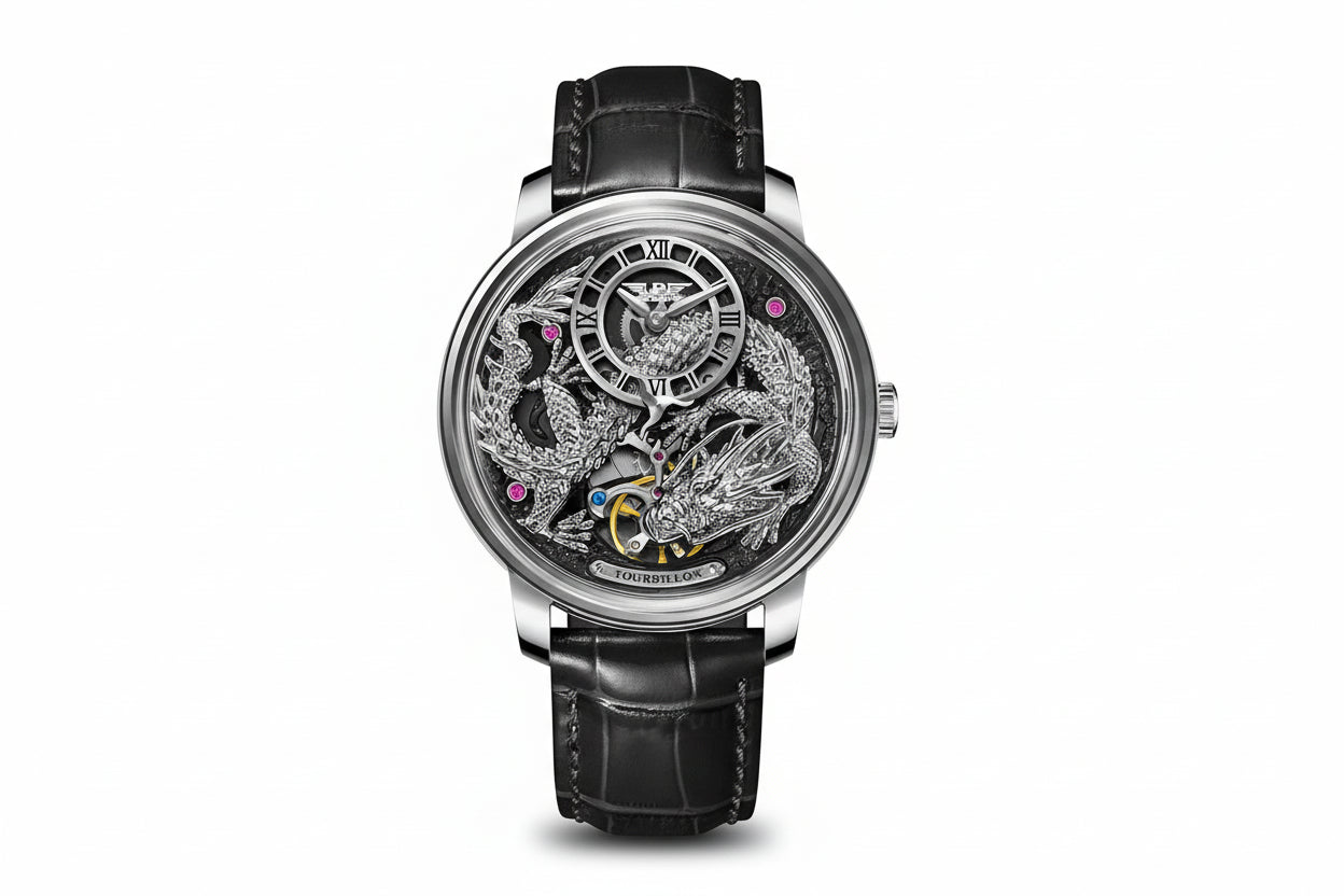 PINDU PD6632 Golden Dragon tourbillon with silver case, black leather strap, silver dragon dial