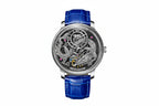PINDU PD6632 Golden Dragon tourbillon with silver dragon dial and blue leather strap, front view