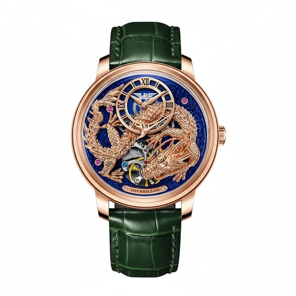 PINDU PD6632 Golden Dragon tourbillon with blue dial, rose gold dragons, green leather strap