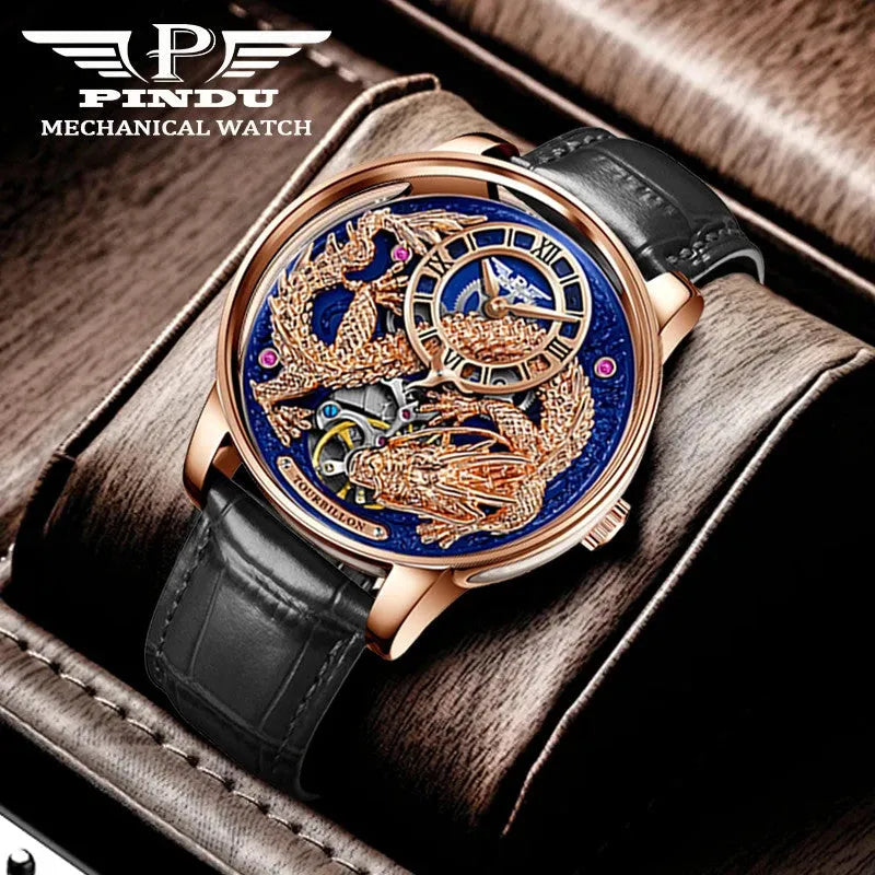 PINDU PD6632 Golden Dragon tourbillon rose gold blue dial on wood surface lifestyle