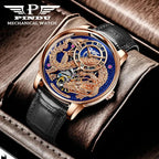 PINDU PD6632 Golden Dragon tourbillon rose gold blue dial on wood surface lifestyle