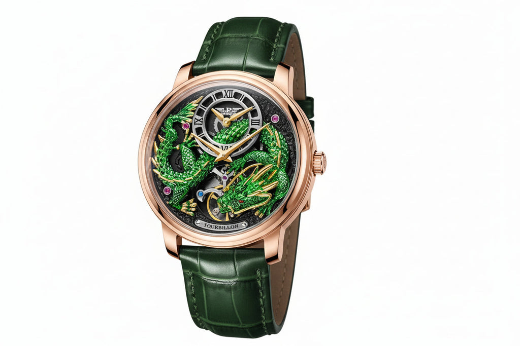 PINDU PD6632 Golden Dragon tourbillon watch with green dragon dial and rose gold case, front