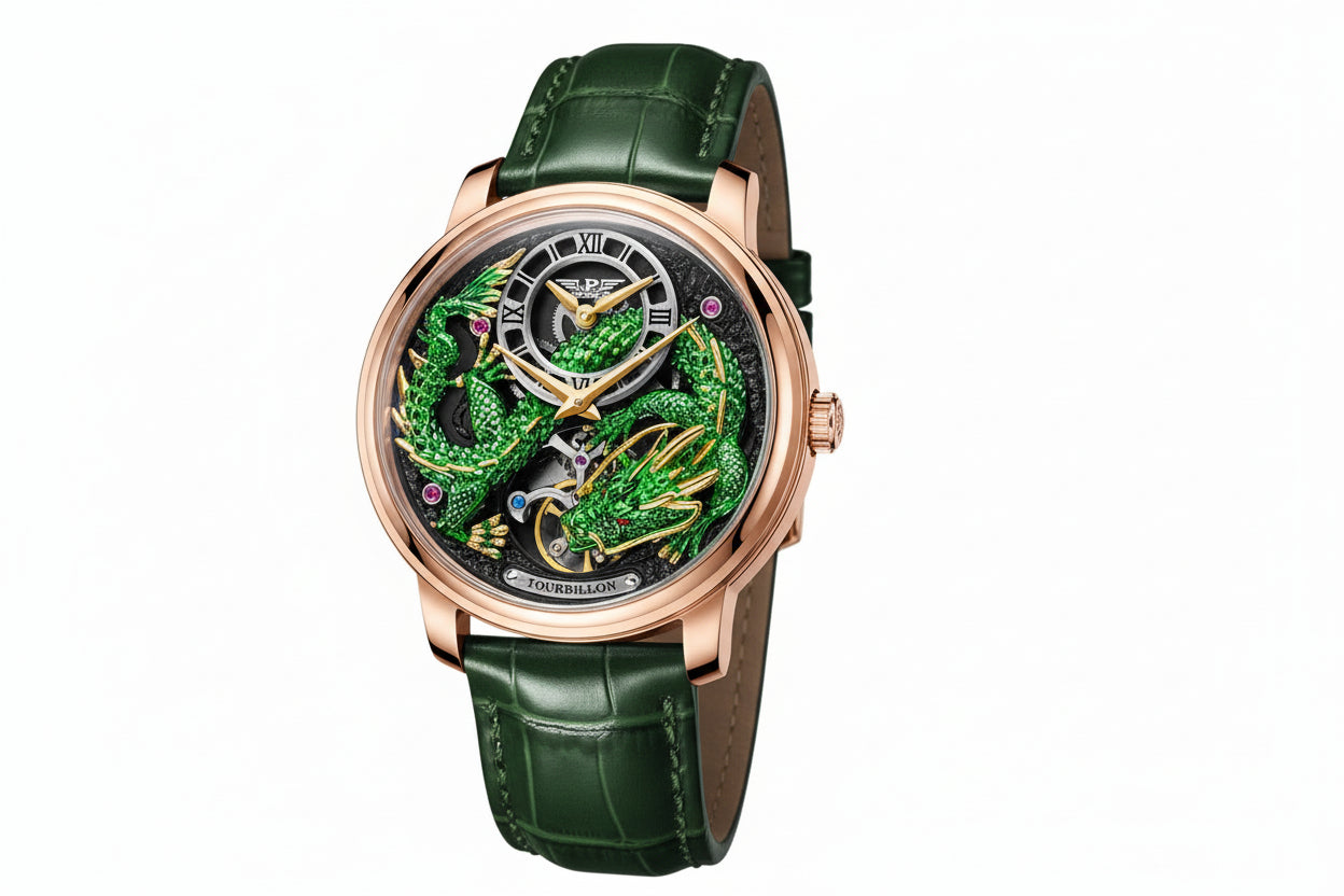 PINDU PD6632 Golden Dragon tourbillon watch with green dragon dial and rose gold case, front