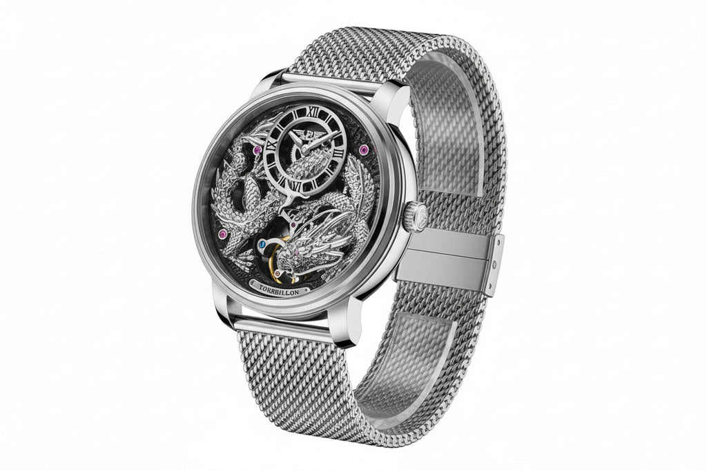 PINDU PD6632 Golden Dragon tourbillon watch with black silver dragon dial, side angle