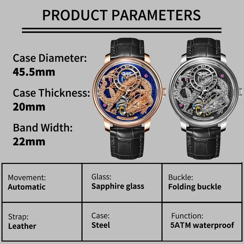 PINDU PD6632 Golden Dragon tourbillon specifications graphic with case and movement details