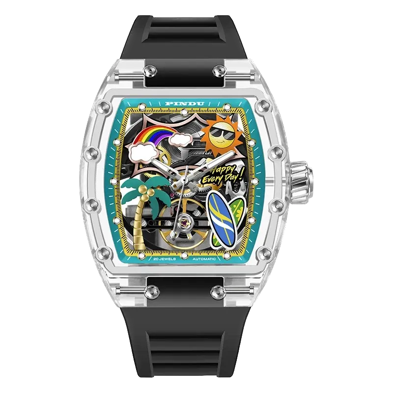 PINDU PD6633 Tonneau summer beach watch with teal beach-themed dial and black silicone strap, front view