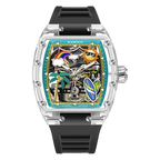PINDU PD6633 Tonneau summer beach watch with teal beach-themed dial and black silicone strap, front view