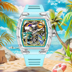 PINDU PD6633 Tonneau Summer Beach skeleton men's watch with cartoon dial and light blue rubber strap