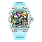 PINDU PD6633 Tonneau summer beach watch with teal dial and sky blue silicone strap, front view