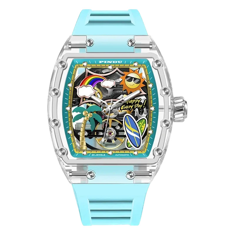 PINDU PD6633 Tonneau summer beach watch with teal dial and sky blue silicone strap, front view