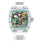 PINDU PD6633 Tonneau summer beach watch with teal dial and white silicone strap, front view