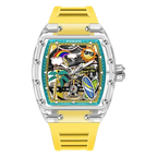 PINDU PD6633 Tonneau summer beach watch with teal dial and yellow silicone strap, front view