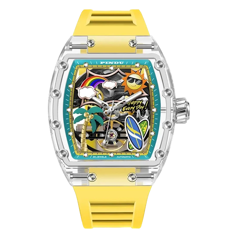PINDU PD6633 Tonneau summer beach watch with teal dial and yellow silicone strap, front view