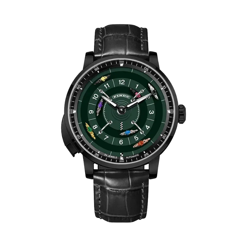 PINDU PD6652 horse racing watch front view with green dial black case and black leather strap