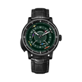 PINDU PD6652 horse racing watch front view with green dial black case and black leather strap