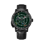 PINDU PD6652 horse racing watch front view with green dial black case and black leather strap