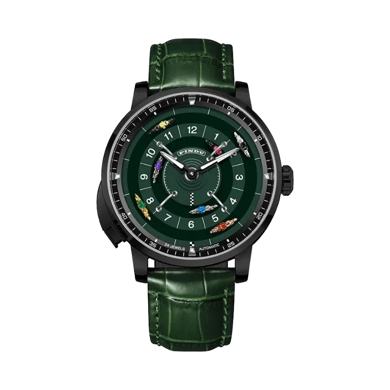 PINDU PD6652 horse racing watch front view with green dial black case and green leather strap