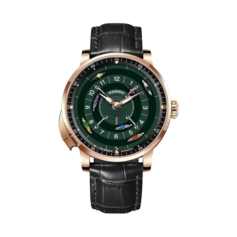 PINDU PD6652 horse racing watch front view with green dial rose gold case and black leather strap
