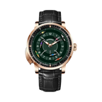 PINDU PD6652 horse racing watch front view with green dial rose gold case and black leather strap