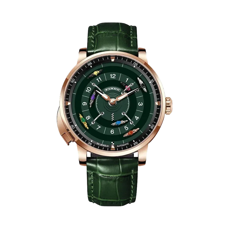 PINDU PD6652 horse racing watch front view with green dial rose gold case and green leather strap