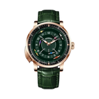 PINDU PD6652 horse racing watch front view with green dial rose gold case and green leather strap