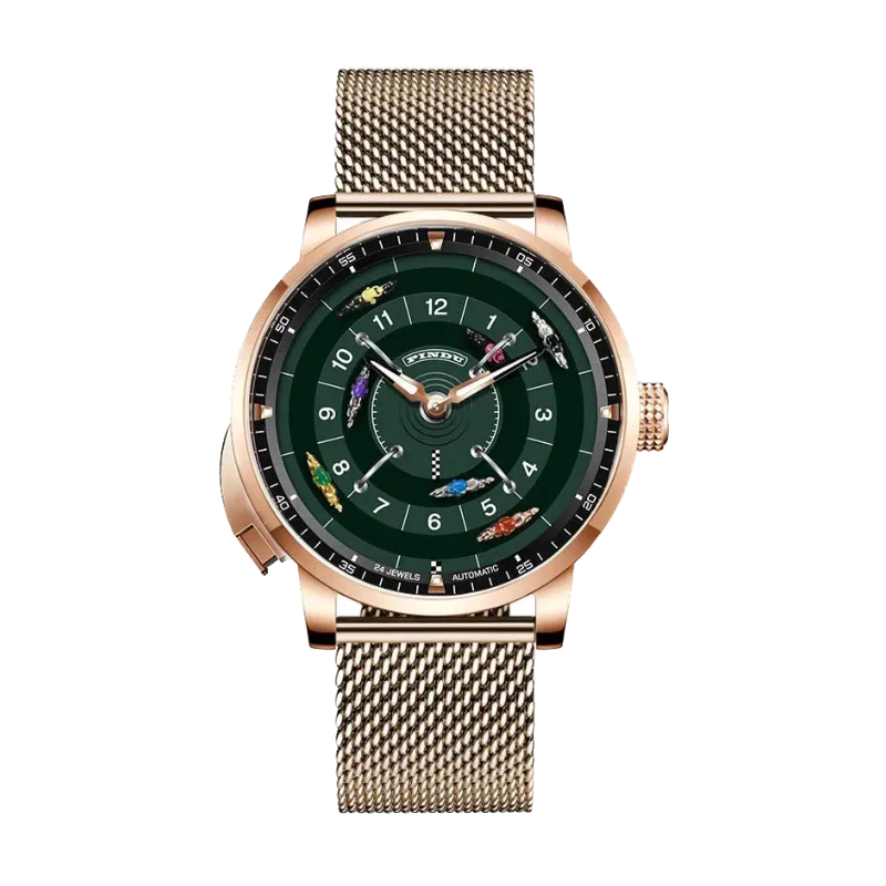 PINDU PD6652 horse racing watch front view with green dial rose gold case and mesh bracelet