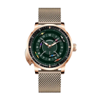 PINDU PD6652 horse racing watch front view with green dial rose gold case and mesh bracelet
