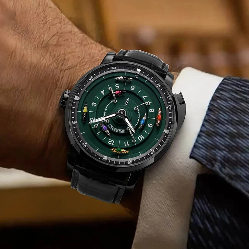 PINDU PD6652 horse racing roulette automatic watch with black case, green dial and black leather strap on wrist