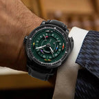 PINDU PD6652 horse racing roulette automatic watch with black case, green dial and black leather strap on wrist