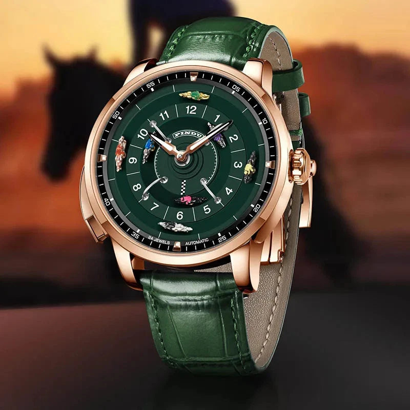 PINDU PD6652 horse racing roulette automatic watch with rose gold case, green dial and green leather strap, front view