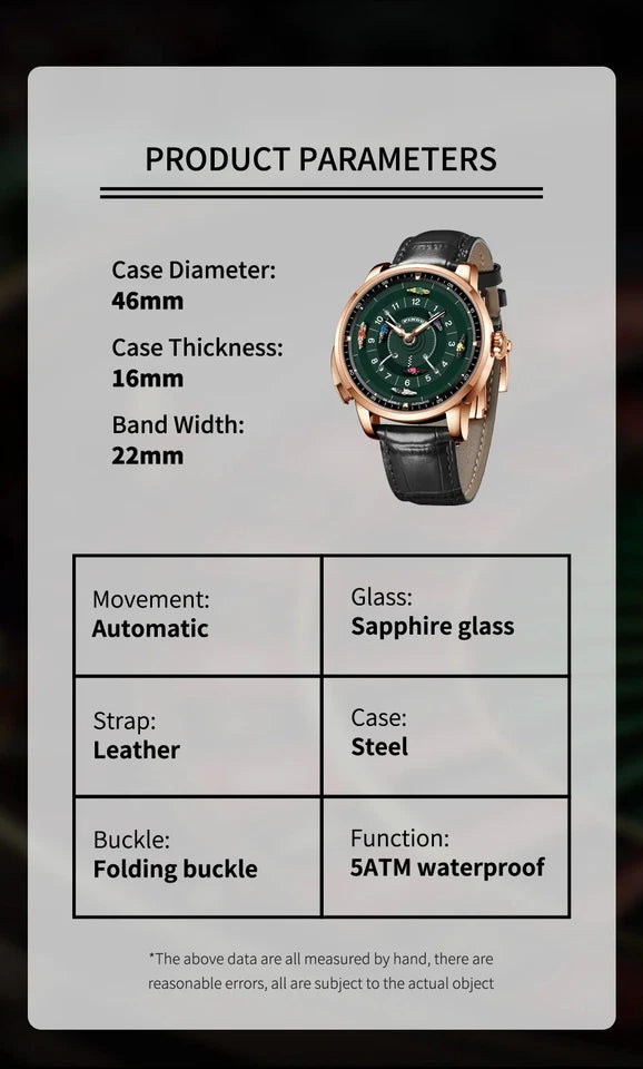 PINDU PD6652 horse racing watch specifications with green dial 46mm parameters and rose gold case