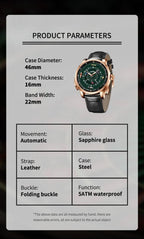 PINDU PD6652 horse racing watch specifications with green dial 46mm parameters and rose gold case