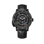 PINDU PD6652 Horse Racing watch with black case, racing-themed dial and black leather strap, front view