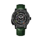 PINDU PD6652 Horse Racing watch with black case, racing-themed black dial and green leather strap, front view