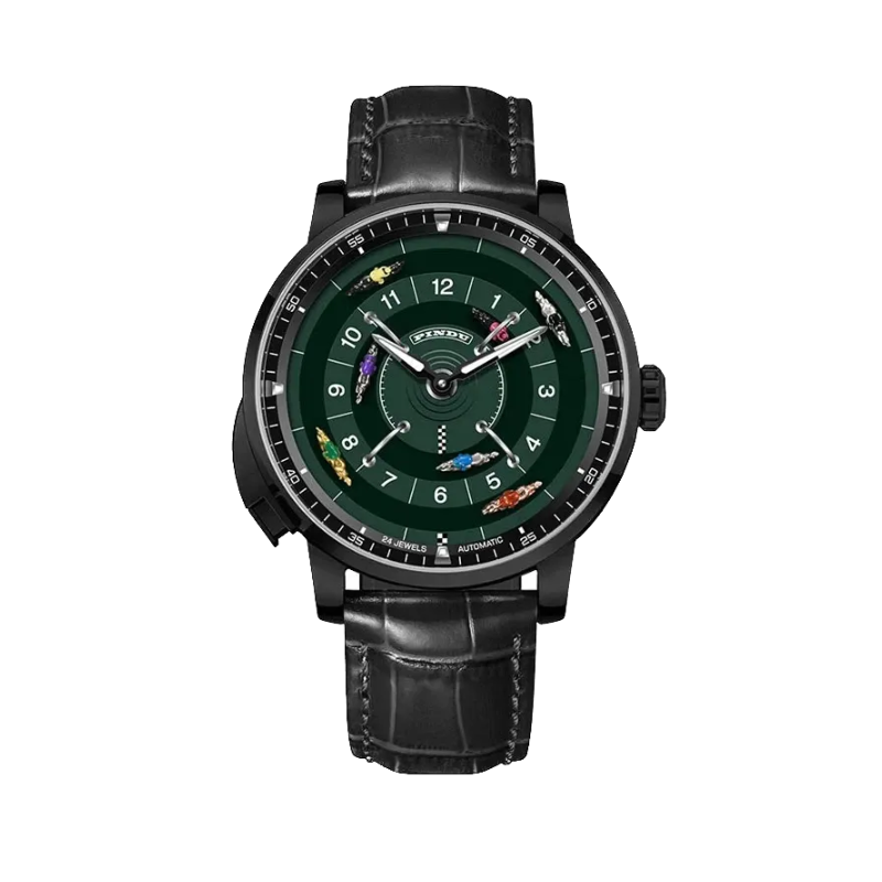 PINDU PD6652 Horse Racing watch with black case, green racing dial and black leather strap, front view