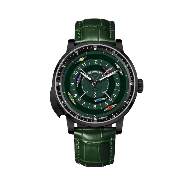 PINDU PD6652 Horse Racing watch with black case, green dial and green leather strap, front view