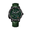 PINDU PD6652 Horse Racing watch with black case, green dial and green leather strap, front view