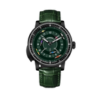 PINDU PD6652 Horse Racing watch with black case, green dial and green leather strap, front view