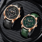 PINDU PD6652 Horse Racing watch comparison with rose gold case in black and green dial variants on display