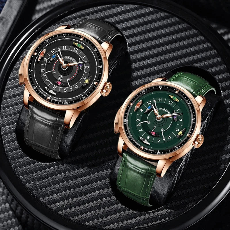 PINDU PD6652 Horse Racing watch comparison with rose gold case in black and green dial variants on display