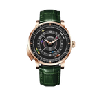 PINDU PD6652 Horse Racing watch with rose gold case, black racing dial and green leather strap, front view