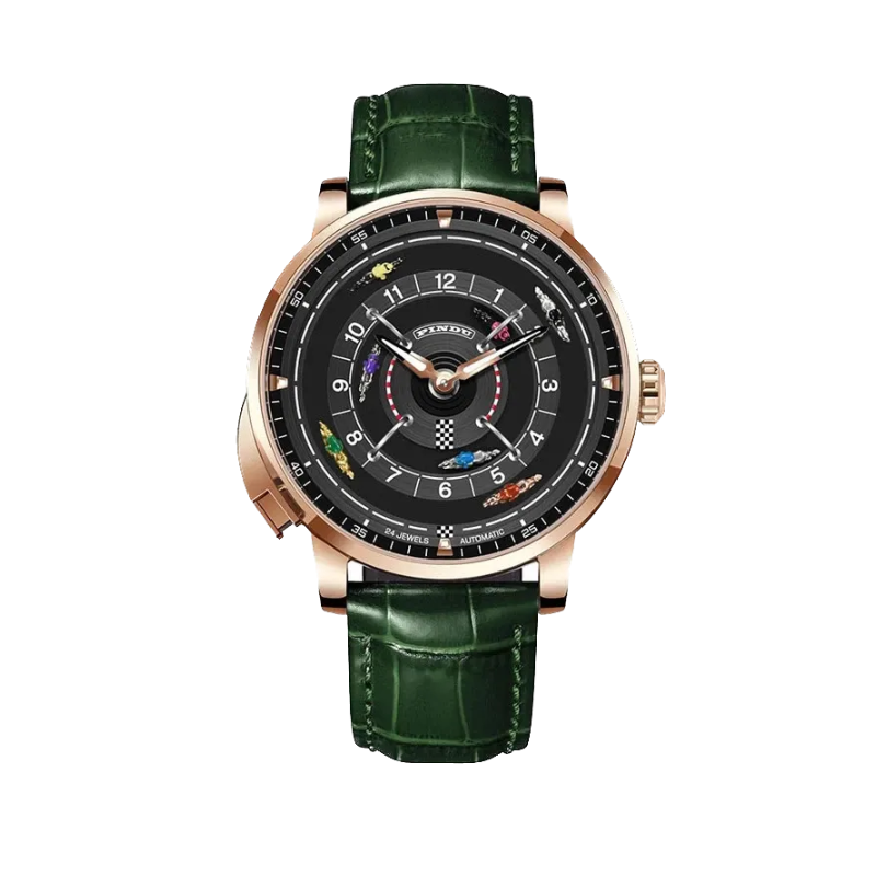 PINDU PD6652 Horse Racing watch with rose gold case, black racing dial and green leather strap, front view