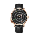 PINDU PD6652 Horse Racing watch with rose gold case, black racing dial and black leather strap, front view
