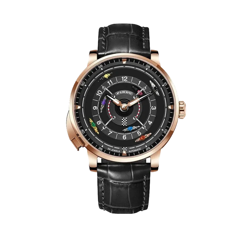 PINDU PD6652 Horse Racing watch with rose gold case, black racing dial and black leather strap, front view