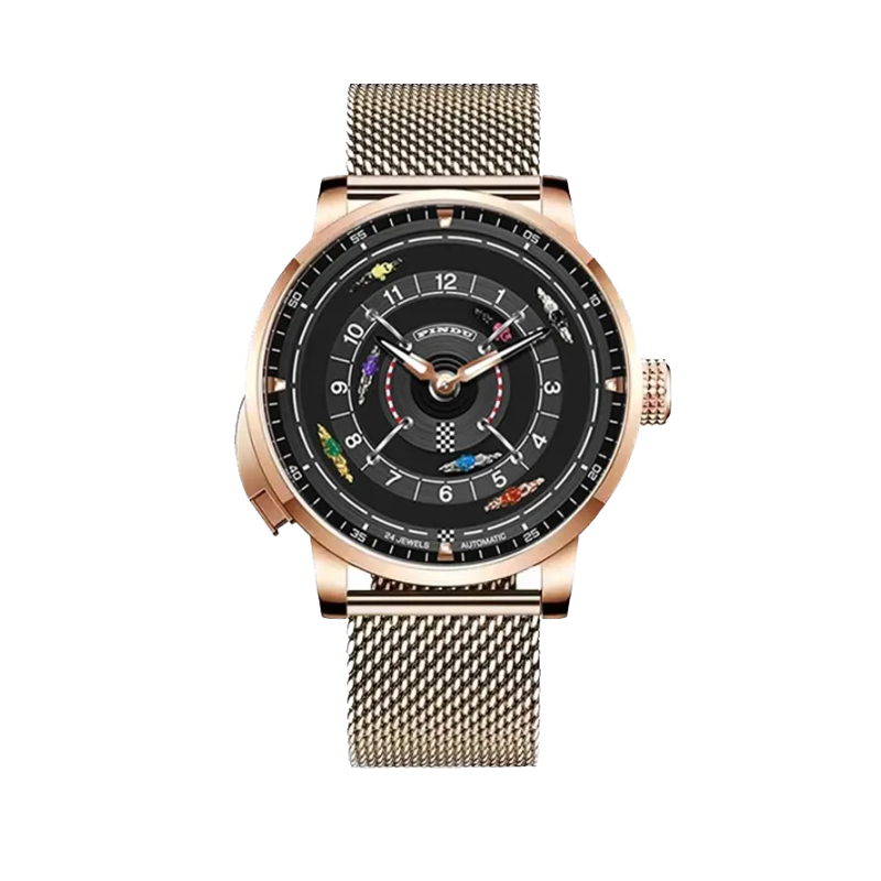 PINDU PD6652 Horse Racing watch with rose gold case, black dial and gold mesh bracelet, front view