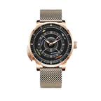 PINDU PD6652 Horse Racing watch with rose gold case, black dial and gold mesh bracelet, front view