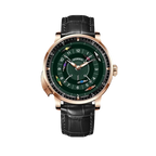 PINDU PD6652 Horse Racing watch with rose gold case, green racing dial and black leather strap, front view