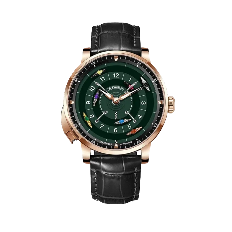 PINDU PD6652 Horse Racing watch with rose gold case, green racing dial and black leather strap, front view