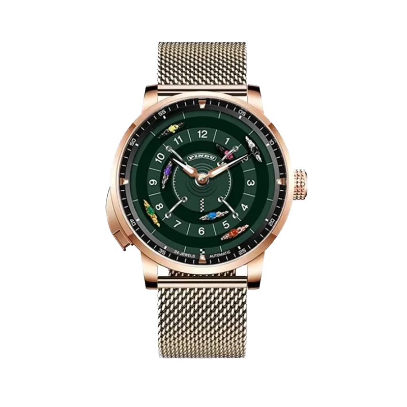 PINDU PD6652 Horse Racing watch with rose gold case, green racing dial and gold mesh bracelet, front view