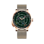 PINDU PD6652 Horse Racing watch with rose gold case, green racing dial and gold mesh bracelet, front view